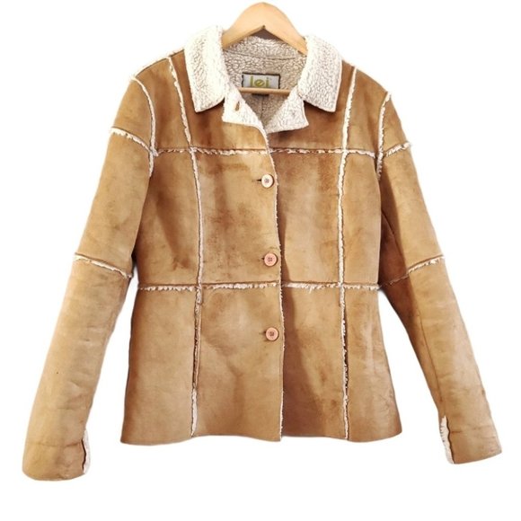 LEI 90s Faux Suede Sherpa Lined Collared Jacket Tan Large - Picture 2 of 9